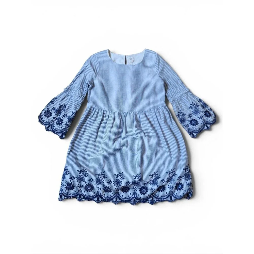 GAP Kids Girls' Dress Size S Small Blue White Stripes Embroidered Bell Sleeves